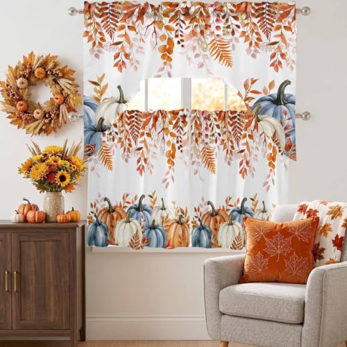 Fall Pumpkin Swag Curtain Set with Valance and Eucalyptus Leaves - 3 Pieces, 27.5W x 24L, Orange Blue White Terracotta Variation of THIS listing
