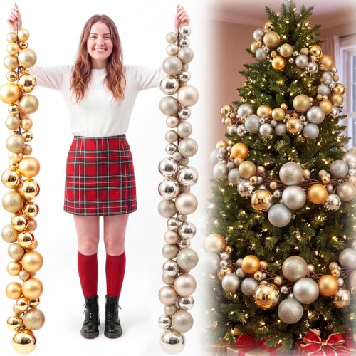 Large Christmas Ball Garland Set - Gold & Champagne Ornaments, 2 Pack, 6 FT Each