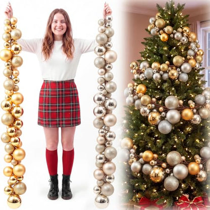 Large Christmas Ball Garland Set - Gold & Champagne Ornaments, 2 Pack, 6 FT Each