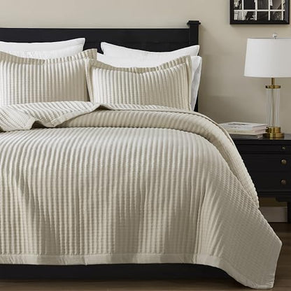 WDCOZY Cal King Size Quilt Set - Beige Striped Pick Stitch Bedspread
