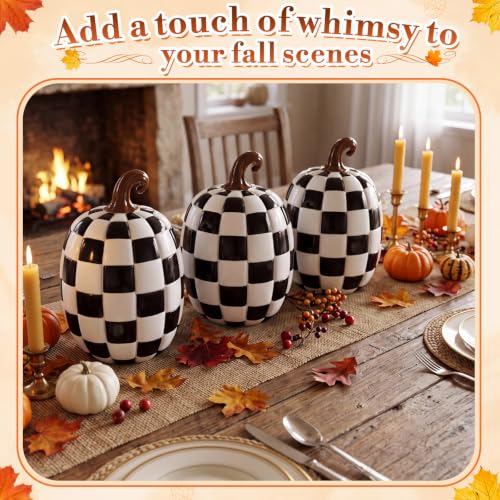 Black and White Checkered Pumpkins Set of 3 - Halloween Fall Decor