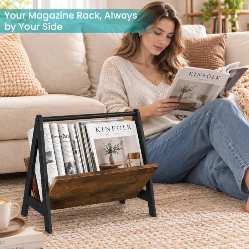 Wood Magazine Holder Floor Rack with Tilted Display and Anti-Slip Base