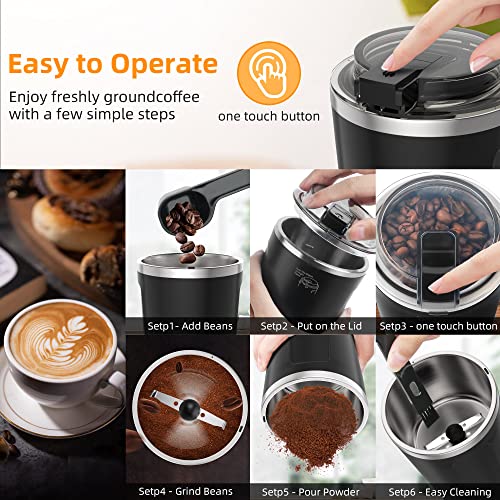 Coffee Grinder Electric, Espresso Coffee Bean Spices Grinder, Coffee Blade Grinders, One Touch Portable Grinder, for Coffee Bean, Spices, Herbs, Nuts, Grains, Black