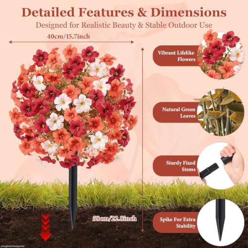 Artificial Mums Topiary Ball Flowers with Ground Spikes for Outdoor Decor - 2 Pack