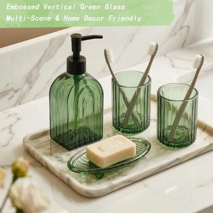 Green Glass Bathroom Accessories Set with Soap Dispenser and Toothbrush Holders - 4 Piece