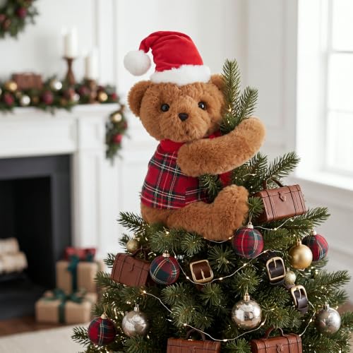 15.75 Inch Christmas Bear Tree Topper - Plush Tartan Plaid Holiday Decor
