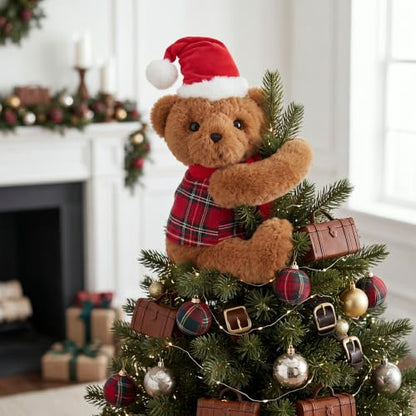 15.75 Inch Christmas Bear Tree Topper - Plush Tartan Plaid Holiday Decor