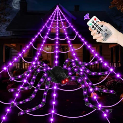 Outdoor Halloween Spider Web Lights with 250 LEDs and Purple Spider - Dark Purple Web Edition