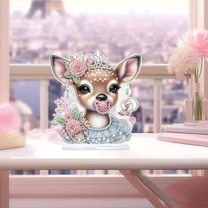 DIY Diamond Painting Deer Ornament Kit with Pink Rose Crown - Tabletop Decor