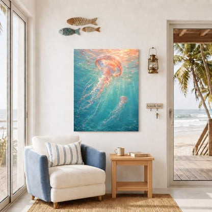 Pink Coastal Wall Art - Underwater Pink Jellyfish Canvas, 24x30 Inches