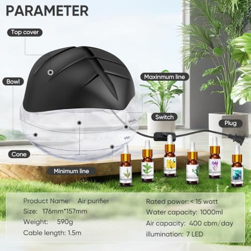 Black Water Based Air Purifier with Essential Oil Diffuser & Humidifier - Rainbow LED Light
