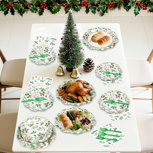 Christmas 96-Piece Disposable Tableware Set with Plates Napkins Forks - Holly Leaves Red Berries, Party Supplies, Variation: Christmas-96p
