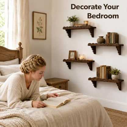 17 Inch Scalloped Wood Wall Shelves Set - Brown Floating Shelves for Decor & Storage