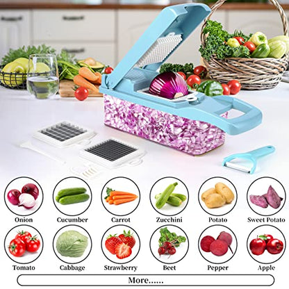 Vegetable Chopper, Pro Onion Chopper, 14 in 1Multifunctional Food Chopper, Kitchen Vegetable Slicer Dicer Cutter,Veggie Chopper With 8 Blades,Carrot and Garlic Chopper With Container(blue)