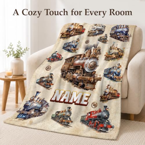 Personalized Boys Train Blanket - Brown Flannel Kids Throw