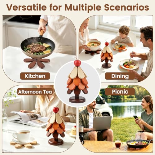 Wooden Tree Trivet Set with Stand - Christmas Kitchen Decor