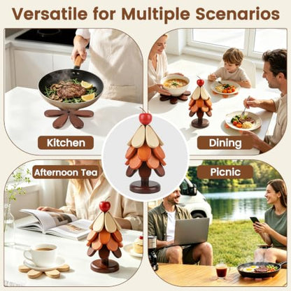 Wooden Tree Trivet Set with Stand - Christmas Kitchen Decor