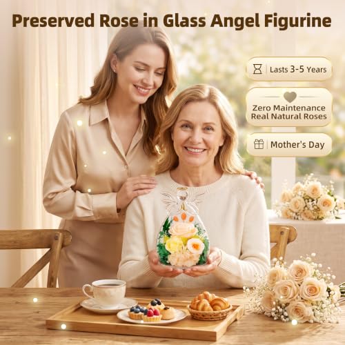 Preserved Rose in Glass Angel Figurine with LED Night Light - Champagne