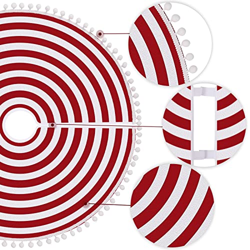 Christmas Tree Skirt 48 Inch Red White Rings with Pom Pom Trim - Holiday Decor