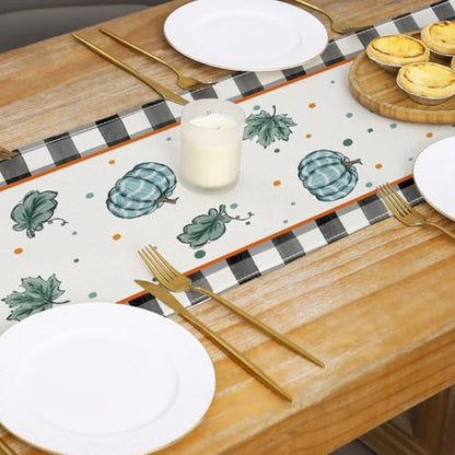 Blue Pumpkin Buffalo Plaid Fall Table Runner 13x72 Inch for Thanksgiving & Autumn Decor