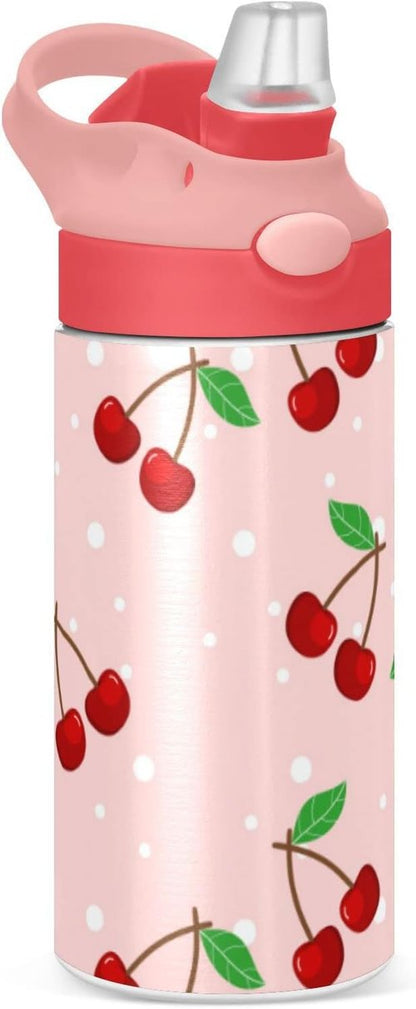 Cherry Water Bottle - Leakproof Double-Walled Stainless Steel Thermo Flask with Straw Lid | Ideal for Kids & Girls