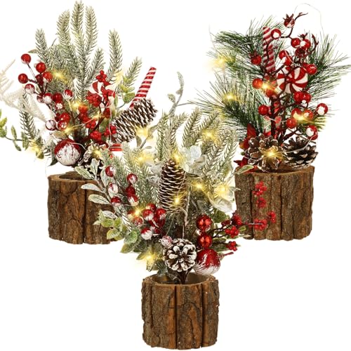 Mini Christmas Tree Set with Lights and Red Berry Accents - Cute Colorful 3-Pack