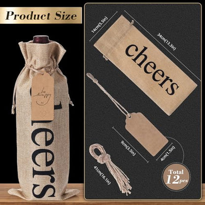 Natural Burlap Wine Bags Set of 12 with Gift Tags - Reusable Holiday Party Gift Wrap