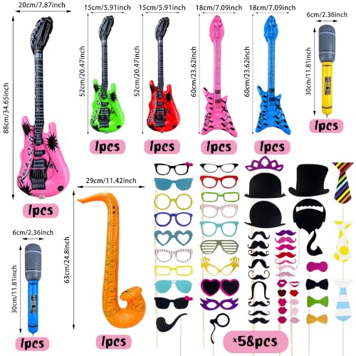 66PCS Photo Booth Props Set with Signs and Inflatable Musical Instruments for Parties