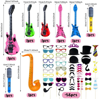 66PCS Photo Booth Props Set with Signs and Inflatable Musical Instruments for Parties