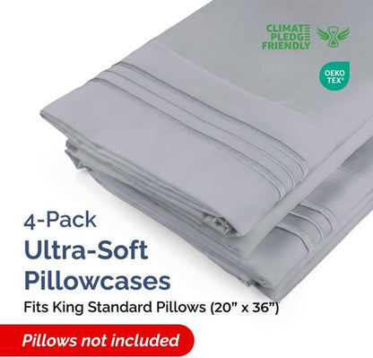 King Standard Pillow Cases | Set of 4 Soft Hotel Quality Covers - Comfy Steel Blue Bedding for All Ages