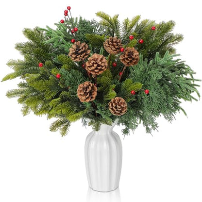 Artificial Christmas Greenery Picks Set with Cedar, Berries & Pine Cones