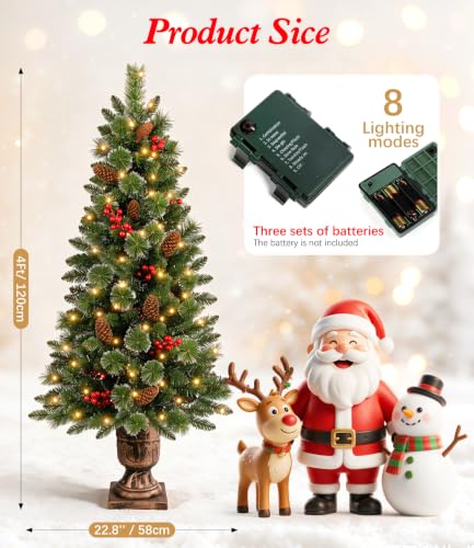 4ft Pre-Lit Artificial Christmas Tree with Snow, Gold Pot Base, Pine Cones