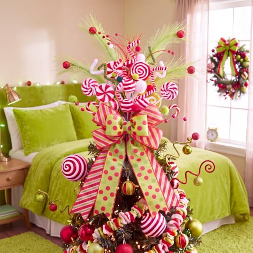 Christmas Tree Topper Set - Red & Green Whimsical Holiday Decor with Bow and Candy Canes - Novelty