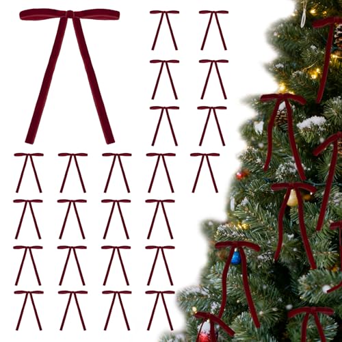 24 Pcs Burgundy Velvet Christmas Bows for Tree Wreath Gifts Holiday Decor