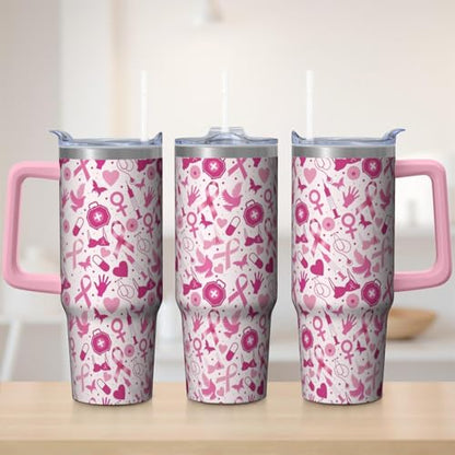 Cancer2 30oz Breast Cancer Awareness Stainless Steel Tumbler with Handle & Straw - Pink Ribbon Mug for Women & Survivors