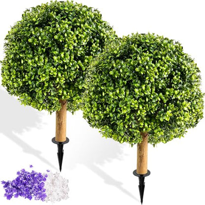 White Artificial Topiary Boxwood Ball Trees 24in, 2 Pack - No Maintenance
