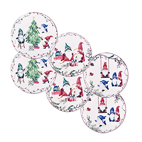 Christmas Gnomes Appetizer Plates Set of 6 - 6 Inch Ceramic Holiday Tableware