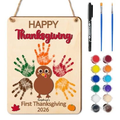 Thanksgiving Turkey Handprint Art Craft Kit with Wooden Sign & 3D Turkey Design - Baby & Toddler DIY Holiday Decor