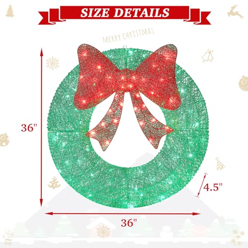 36-Inch Outdoor Christmas Wreath with 128 LED Lights and Bow - All Weather Yard Decor