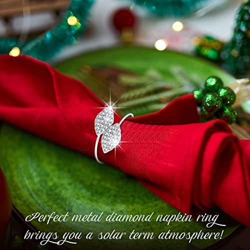 12-Piece Silver Napkin Rings Set with Rhinestone Double Leaves for Thanksgiving
