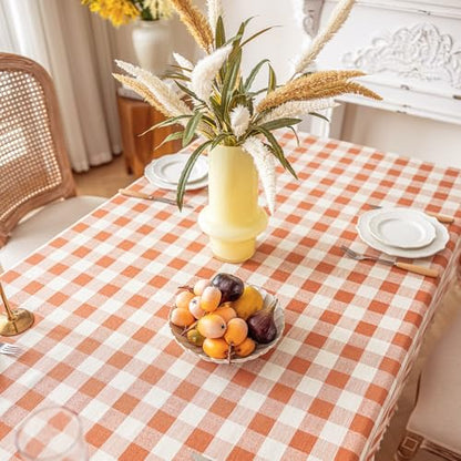 Checkered Fall Tablecloth Rectangle Cotton Linen Gingham with Tassels - Orange 55x102 Inches