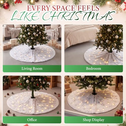 48 Inch White Faux Fur Christmas Tree Skirt with LED Fairy Lights - Silver Snowflakes