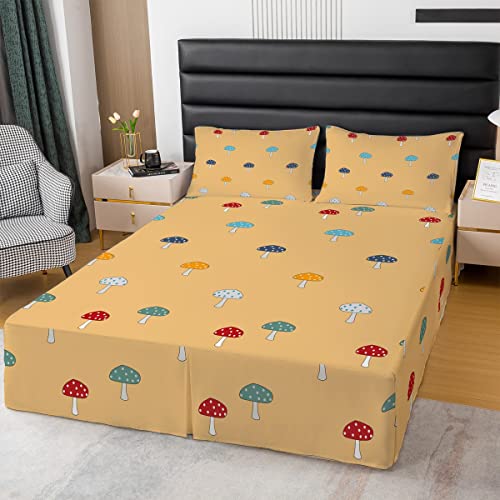 Kids Cute Mushroom Bed Skirt Twin Size, Toddler Girls Colorful Mushrooms Bedskirt Children Cartoon Botanical Plants Dust Ruffle 15 Inch Drop Nursery Lovely Natural Wild Fungus Bed Skirts Bedroom Decor