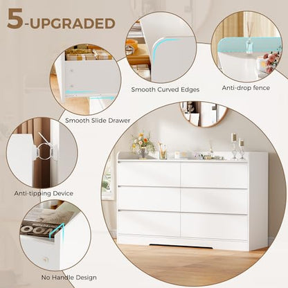 White Dresser with 6 Drawers - Modern 6-Drawer Bedroom Chest | Anti-Tip, MDF