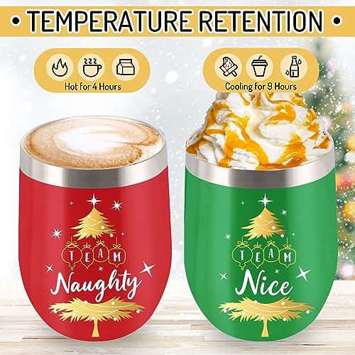 Christmas Stainless Steel Wine Tumblers Set with Lid & Straw - Naughty & Nice Team Cups, 12oz