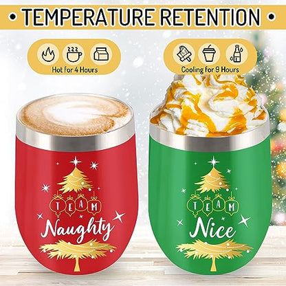 Christmas Stainless Steel Wine Tumblers Set with Lid & Straw - Naughty & Nice Team Cups, 12oz