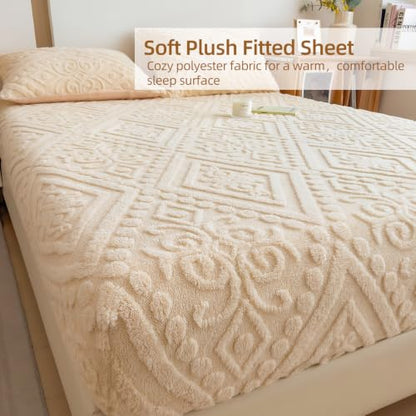 European Damask Embossed Plush Fitted Bed Sheet Full Off White 54x76 Inch