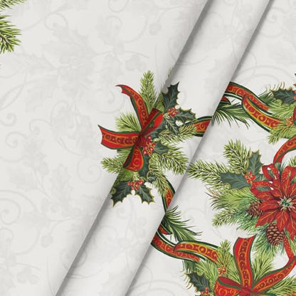 Christmas Tablecloth 70x70 Inch Round Poinsettia Gold Ribbon Red Variation