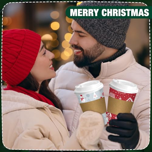 Christmas Paper Cups with Lids & Sleeves - Santa 12 oz Holiday Drinkware