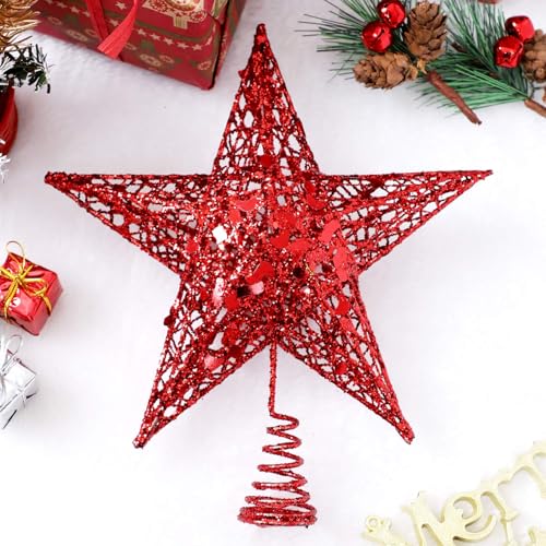 URATOT 8-Inch Red Glitter Christmas Tree Topper Metal Star Treetop Holiday Decoration